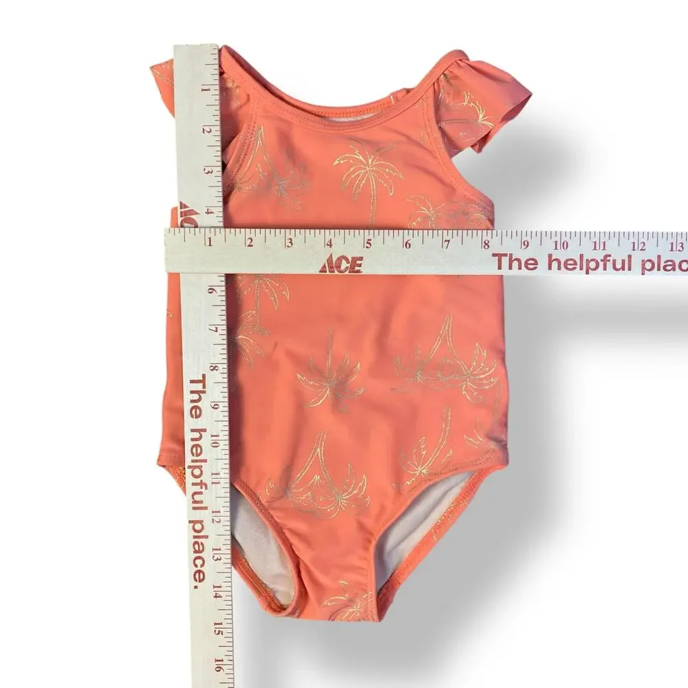 Tea Collection Girls Coral Pink Palm‎ Tree Ruffle One Piece Swim Suit Size 2T